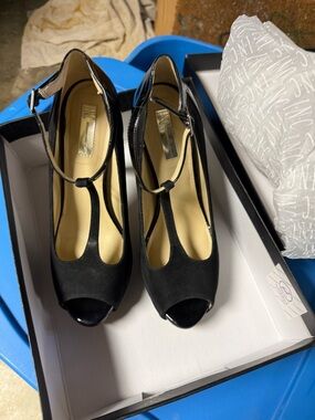 White House Black Market Black T-Strap Peep Toe Heels